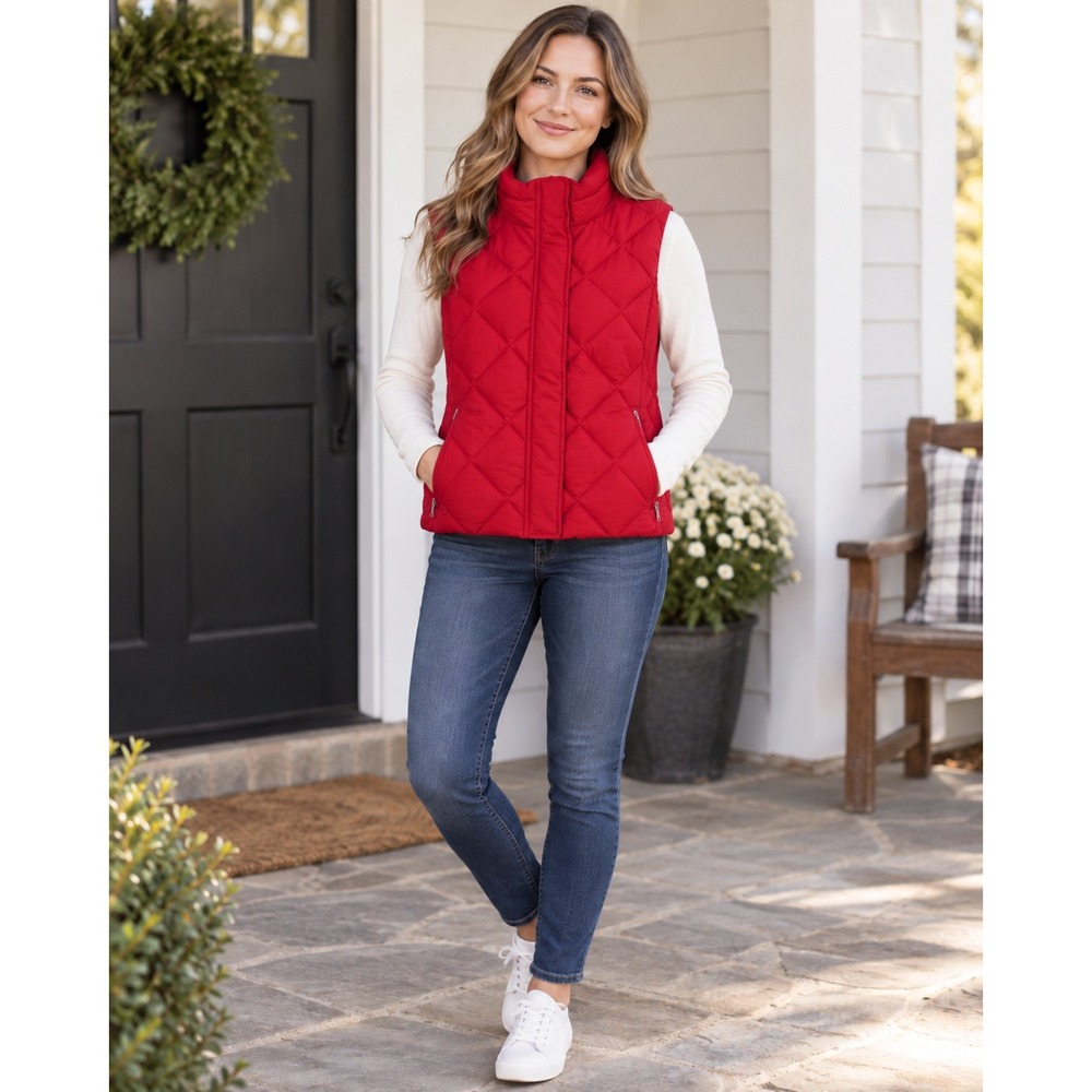 Eddie Bauer Puffer Vest Red EB650 Goose Down Quilted Diamond Grid Large